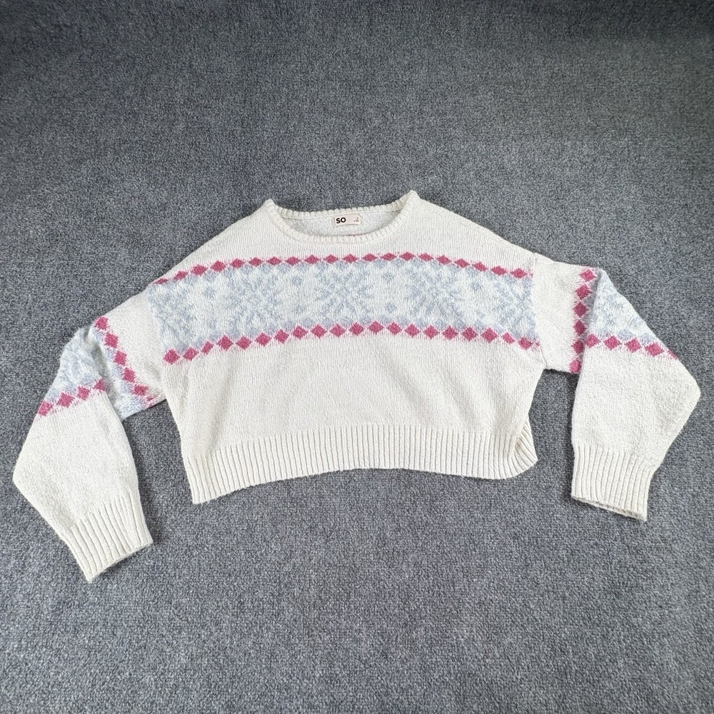 SO Sweater Women's XL Ivory Fair Isle Metallic Fuzzy Cropped Nordic Après Ski